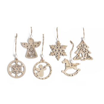 DEKORATÍVNY ZÁVESNÝ ORNAMENT Z DREVA, AŽUROVÝ VZOR, RÔZNE TVARY, PRÍRODNÝ