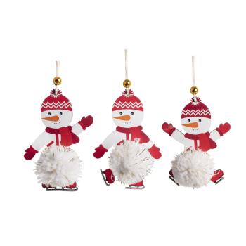 DEKORATÍVNY DREVENÝ ZÁVESNÝ SNEHULIAK S BAMBULOU, ČERVENÝ/BIELY