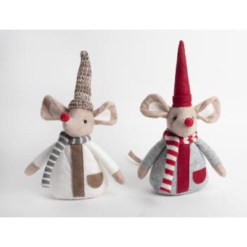 DEKORATÍVNA TEXTILNÁ MYŠKA V ŠATKE A ČIAPKE, BIELA/SIVÁ