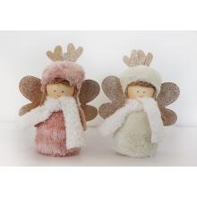 TEXTILNÝ ANJEL S KOŽUŠINOU, ZLATÝMI TRBLIETAVÝMI KRÍDLAMI A PAROŽÍM, BIELY ŠÁL, RUŽOVÁ/KRÉMOVÁ FARBA
