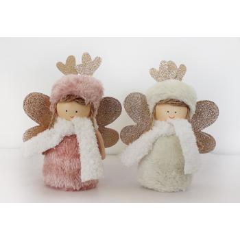 TEXTILNÝ ANJEL S KOŽUŠINOU, ZLATÝMI TRBLIETAVÝMI KRÍDLAMI A PAROŽÍM, BIELY ŠÁL, RUŽOVÁ/KRÉMOVÁ FARBA