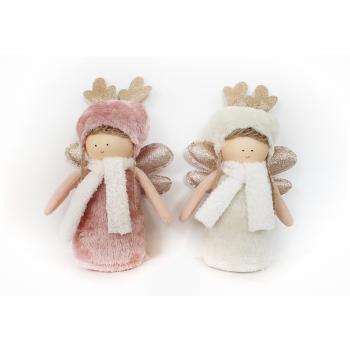 TEXTILNÝ ANJEL S KOŽUŠINOU, ZLATÝMI TRBLIETAVÝMI KRÍDLAMI A PAROŽÍM, BIELY ŠÁL, RUŽOVÁ/KRÉMOVÁ FARBA