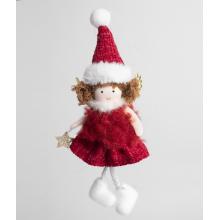 TEXTILNÝ ZÁVESNÝ ANJEL S HVIEZDOU, ČERVENÝMI ŠATAMI A KLOBÚKOM