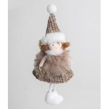 TEXTILNÝ ZÁVESNÝ ANJEL S HVIEZDOU, V HNEDÝCH ŠATÁCH A KLOBÚKU