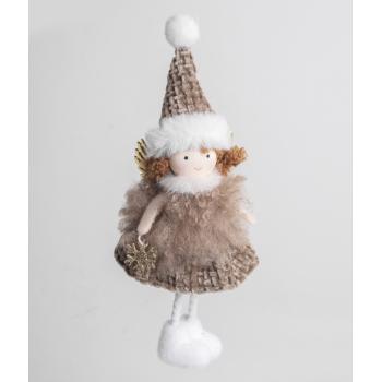 TEXTILNÝ ZÁVESNÝ ANJEL S HVIEZDOU, V HNEDÝCH ŠATÁCH A KLOBÚKU