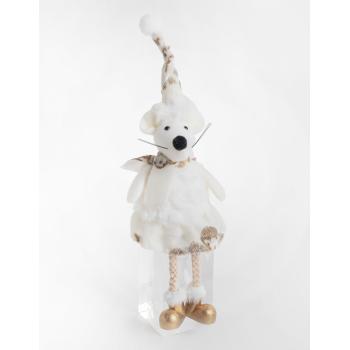 TEXTILNÁ MYŠ SEDIACA SO ZAVESENOU NOHOU, BIELA A ZLATÁ