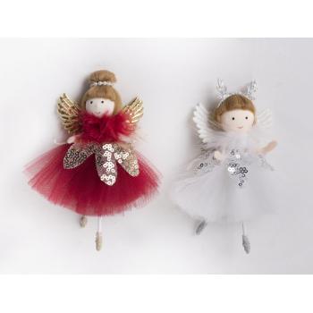 TEXTILNÝ ZÁVESNÝ ANJEL S FLITRAMI, BORDOVÝ ALEBO BIELY