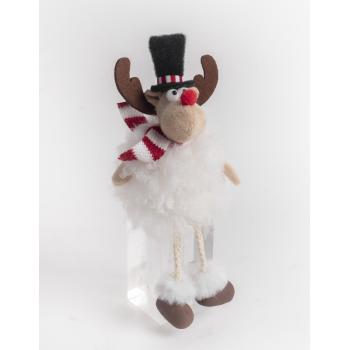 TEXTILNÝ ZÁVESNÝ SOB, SEDIACI, SO ZAVESENÝMI NOHAMI, V KLOBÚKU, BIELY A HNEDÝ