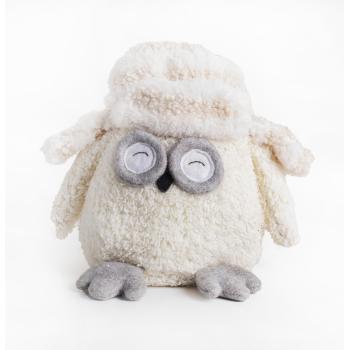 TEXTILNÁ SOVA, SEDIACA, V KLOBÚKU, BIELA