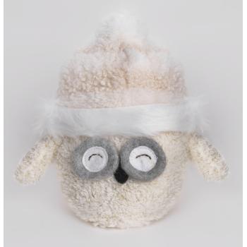 TEXTILNÁ SOVA, SEDIACA, V KLOBÚKU, BIELA