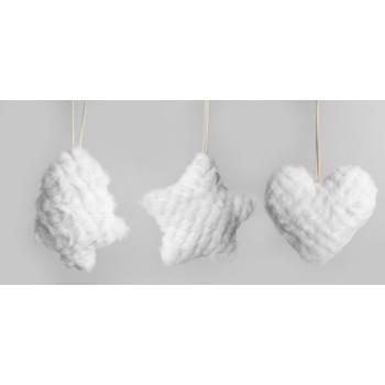 TEXTILNÝ ZÁVESNÝ, BOROVICA ALEBO SRDCE ALEBO HVIEZDA, BIELY