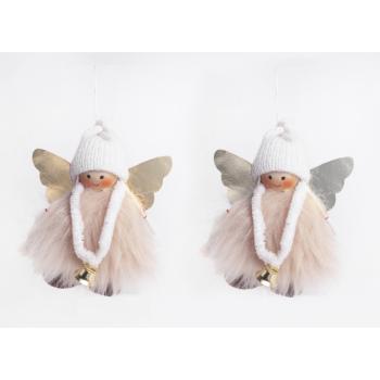 TEXTILNÝ ZÁVESNÝ ANJEL, CHLPATÝ, SO ZVONČEKOM, STRIEBORNÝM ALEBO ZLATÝM KRÍDLOM