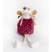 TEXTILNÝ ANJEL SO ZAVESENÝMI NOHAMI, ČIAPKA S PAROŽÍM VO VÍNOVEJ A BIELEJ FARBE