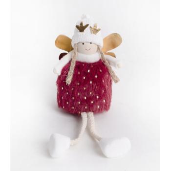 TEXTILNÝ ANJEL SO ZAVESENÝMI NOHAMI, ČIAPKA S PAROŽÍM VO VÍNOVEJ A BIELEJ FARBE