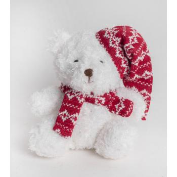 TEXTILNÝ MEDVEDÍK, SEDIACI, V BIELEJ ČIAPKE A ČERVENEJ ŠATKE