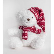 TEXTILNÝ MEDVEDÍK, SEDIACI, V BIELEJ ČIAPKE A ČERVENEJ ŠATKE