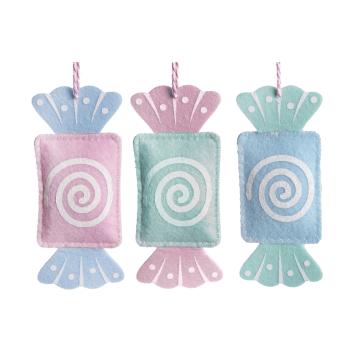 PLSTENÉ ZÁVESNÉ CUKRÍKY, V TVARE TEHLY, TWIST VZOR, TYRKYSOVÁ A RUŽOVÁ FARBA