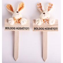 DREVENÁ DEKORÁCIA, NÁPIS, TEXTILNÝ ZAJAC, ORANŽOVÁ FARBA, NÁPIS "BOLDOG HÚSVÉTOT"