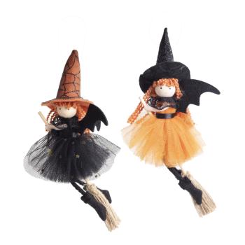 TEXTILNÁ VISIACA ČARODEJNICA, LIETAJÚCA NA METLE, ORANŽOVÁ/ČIERNA, S NETOPIERÍM KRÍDLOM