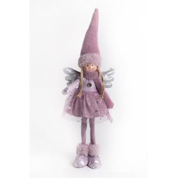 TEXTILNÝ ANJEL, STOJACI, FIALOVÉ ŠATY. SO STRIEBORNÝM KRÍDLOM