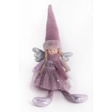 TEXTILNÝ ANJEL S VISIACIMI NOHAMI, FIALOVÉ ŠATY, STRIEBORNÉ KRÍDLO