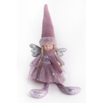 TEXTILNÝ ANJEL S VISIACIMI NOHAMI, FIALOVÉ ŠATY, STRIEBORNÉ KRÍDLO