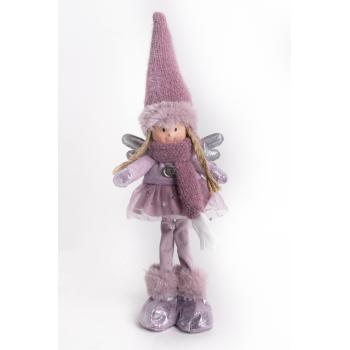 TEXTILNÝ ANJEL, STOJACI, FIALOVÉ ŠATY. SO STRIEBORNÝM KRÍDLOM