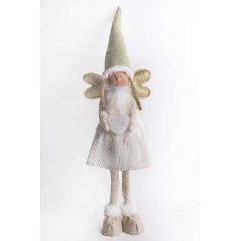 TEXTILNÝ ANJEL, STOJACI, V ZLATÝCH TRBLIETAVÝCH BIELYCH ŠATÁCH SO SRDCOM