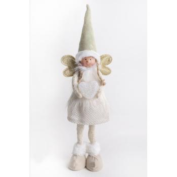 TEXTILNÝ ANJEL, STOJACI, V ZLATÝCH TRBLIETAVÝCH BIELYCH ŠATÁCH SO SRDCOM