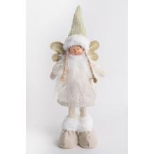 TEXTILNÝ ANJEL, STOJACI, V ZLATÝCH TRBLIETAVÝCH BIELYCH ŠATÁCH SO SRDCOM