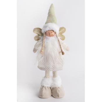 TEXTILNÝ ANJEL, STOJACI, V ZLATÝCH TRBLIETAVÝCH BIELYCH ŠATÁCH SO SRDCOM