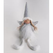 TEXTILNÝ ANJEL SO ZAVESENÝMI NOHAMI, BIELE A STRIEBORNÉ FLITROVANÉ ŠATY