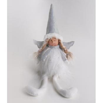 TEXTILNÝ ANJEL SO ZAVESENÝMI NOHAMI, BIELE A STRIEBORNÉ FLITROVANÉ ŠATY