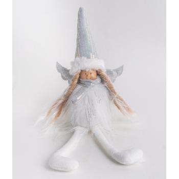 TEXTILNÝ ANJEL SO ZAVESENÝMI NOHAMI, BIELE A STRIEBORNÉ FLITROVANÉ ŠATY