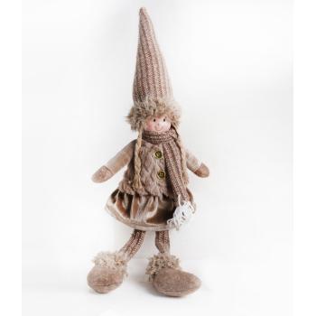 TEXTILNÉ DIEVČA S VISIACIMI NOHAMI, V HNEDÝCH ŠATÁCH, S KLOBÚKOM NA HLAVE