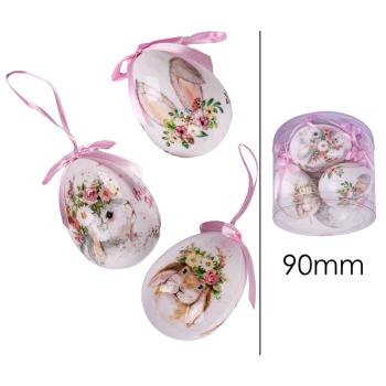 SADA 6 PLASTOVÝCH VAJÍČOK V PLEXISKLOVEJ ŠKATUĽKE, ZAJAČIKY S KVETMI