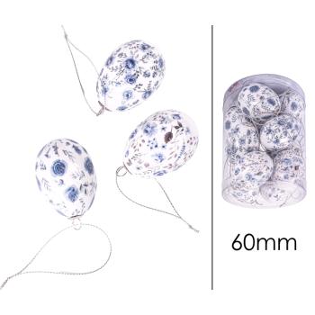 SADA PLASTOVÝCH VAJÍČOK, 12 KUSOV, V PLEXISKLOVEJ ŠKATUĽKE, KVETINOVÁ, MODRÁ A BIELA