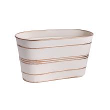 PLECHOVÝ KVETINÁČ, OVÁLNY TVAR, BIELA SO ZLATÝMI PRUHMI