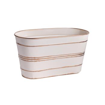 PLECHOVÝ KVETINÁČ, OVÁLNY TVAR, BIELA SO ZLATÝMI PRUHMI