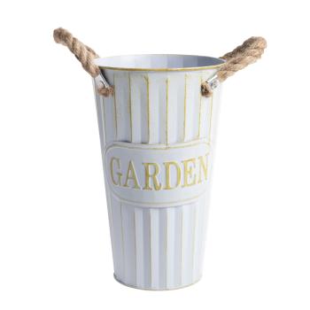 PLECHOVÁ VÁZA S NÁPISOM "FLOWERS&GARDEN", LANO S UŠAMI, SVETLOMODRÁ