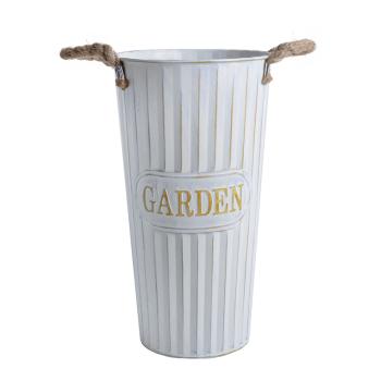 PLECHOVÁ VÁZA S NÁPISOM "FLOWERS&GARDEN", LANO S UŠAMI, SVETLOMODRÁ