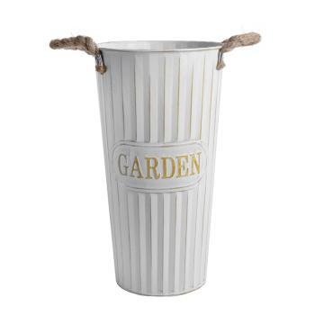 PLECHOVÁ VÁZA S NÁPISOM "FLOWERS&GARDEN", LANO S UŠAMI, BIELA