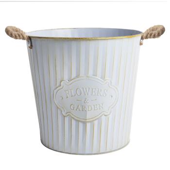 PLECHOVÝ KVETINÁČ S NÁPISOM "FLOWERS&GARDEN", LANO S UCHOM, SVETLOMODRÝ