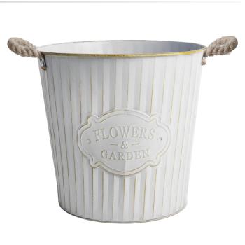 PLECHOVÝ KVETINÁČ S NÁPISOM "FLOWERS&GARDEN", POKRIEVKA Z LANA, BIELY