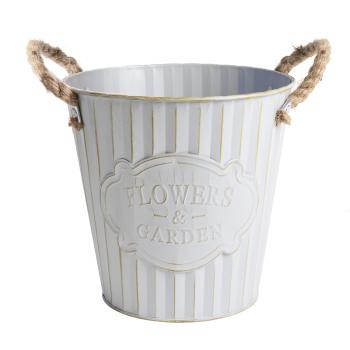 PLECHOVÝ KVETINÁČ S NÁPISOM "FLOWERS&GARDEN", POKRIEVKA Z LANA, BIELY