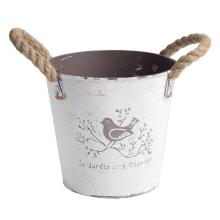 PLECHOVÝ KVETINÁČ S VZOROM VTÁKOV, S VÝTOKOM NA ŠNÚRKE, BIELA