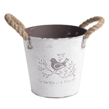 PLECHOVÝ KVETINÁČ S VZOROM VTÁKOV, S VÝTOKOM NA ŠNÚRKE, BIELA