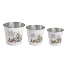 PLECHOVÝ KVETINÁČ, 3 KUSY, OKRÚHLY, BOROVICOVÉ DREVO "MERRY CHRISTMAS"