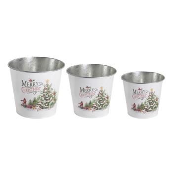 PLECHOVÝ KVETINÁČ, 3 KUSY, OKRÚHLY, BOROVICOVÉ DREVO "MERRY CHRISTMAS"