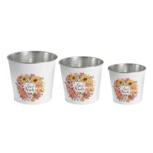 PLECHOVÝ KVETINÁČ, 3 KUSY, OKRÚHLY, VZOR JESENNÉ LISTY A TEKVICA